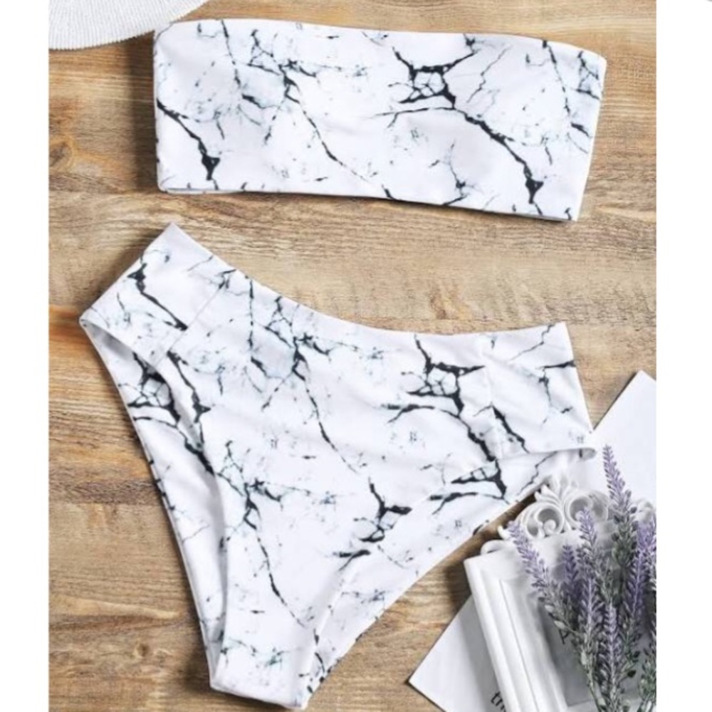 ZAFUL Marble Print High Waisted Bandeau Bikini